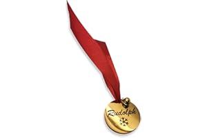 DNVB SHOP Rudolph's Name Tag - 3.5 x 3.5cm Santa's Reindeer Decoration Engraved Metal Name Tag with Bell & 11cm Long Red Ribbon for Christmas Decorations, Christmas Eve Box Fillers for Kids