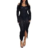 Prekeewil Womens Sexy Off Shoulder Maxi Dress Pleated See Through Flare Sleeve Button Down Slit Bodycon Long Dresses