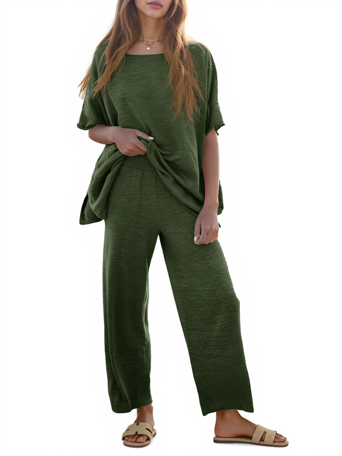 Photo 1 of Tankaneo Women's 2 Piece Travel Outfits Casual Short Sleeve Knit Sweater Set Wide Leg Pants Lounge Sets Tracksuit MD