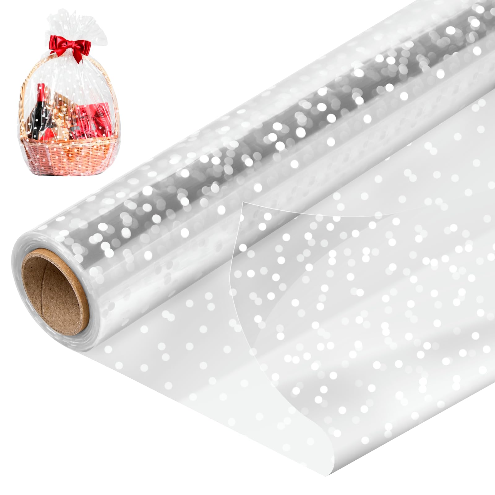 Photo 1 of Mauproy 34 In x 100 Ft Clear Cellophane Wrap Roll, Extra Wide, 2.5 Mil Thick Transparent Wrapping Paper with Irregular White Dot for Baskets, Flower Bouquets, Gifts, Treats (34" Fold into 17")