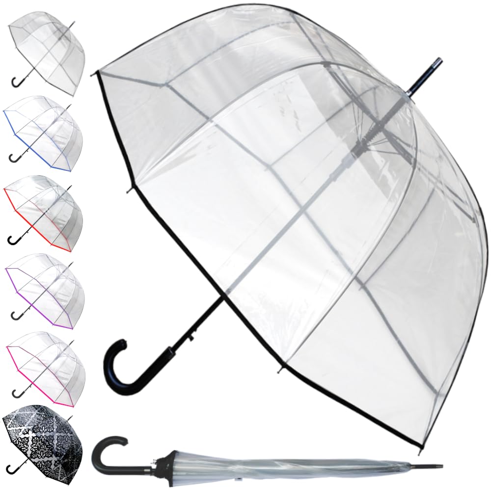 60MPH Rare Automatic Clear Umbrella - Windproof Dome Umbrella Strong - See Through Transparent Clear Plastic Canopy - Best for Visibility - Designer Fiberglass Men Women - Black Trim