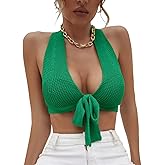 Amarmia Women's Sexy Deep V Neck Crop Tops Halter Knit Ribbed Bow-Knot Front Backless Cleavage Cropped Tank Top