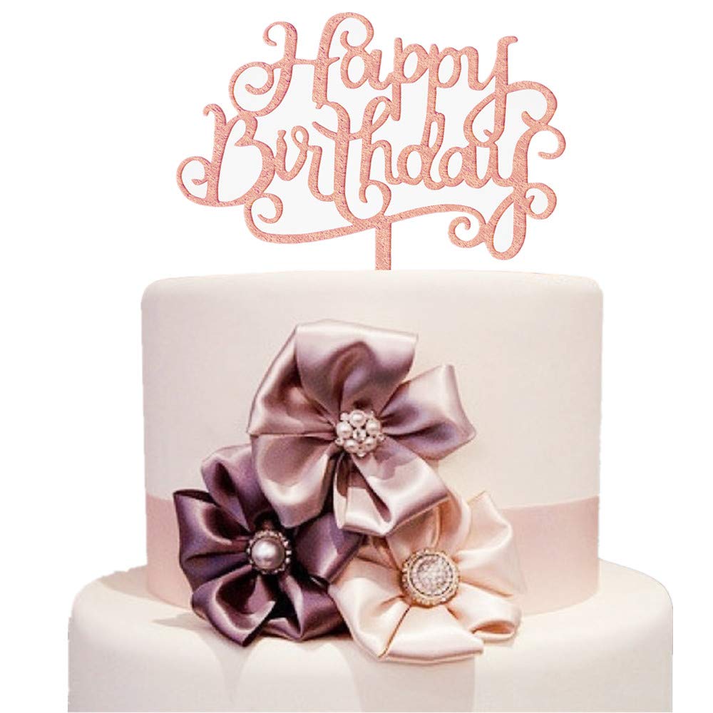 Happy Birthday Cake Topper, Rose Gold Crystal, Calligraphy Bling Cake Decoration Sign Party Banner (ROSE GOLD CRYSTAL)