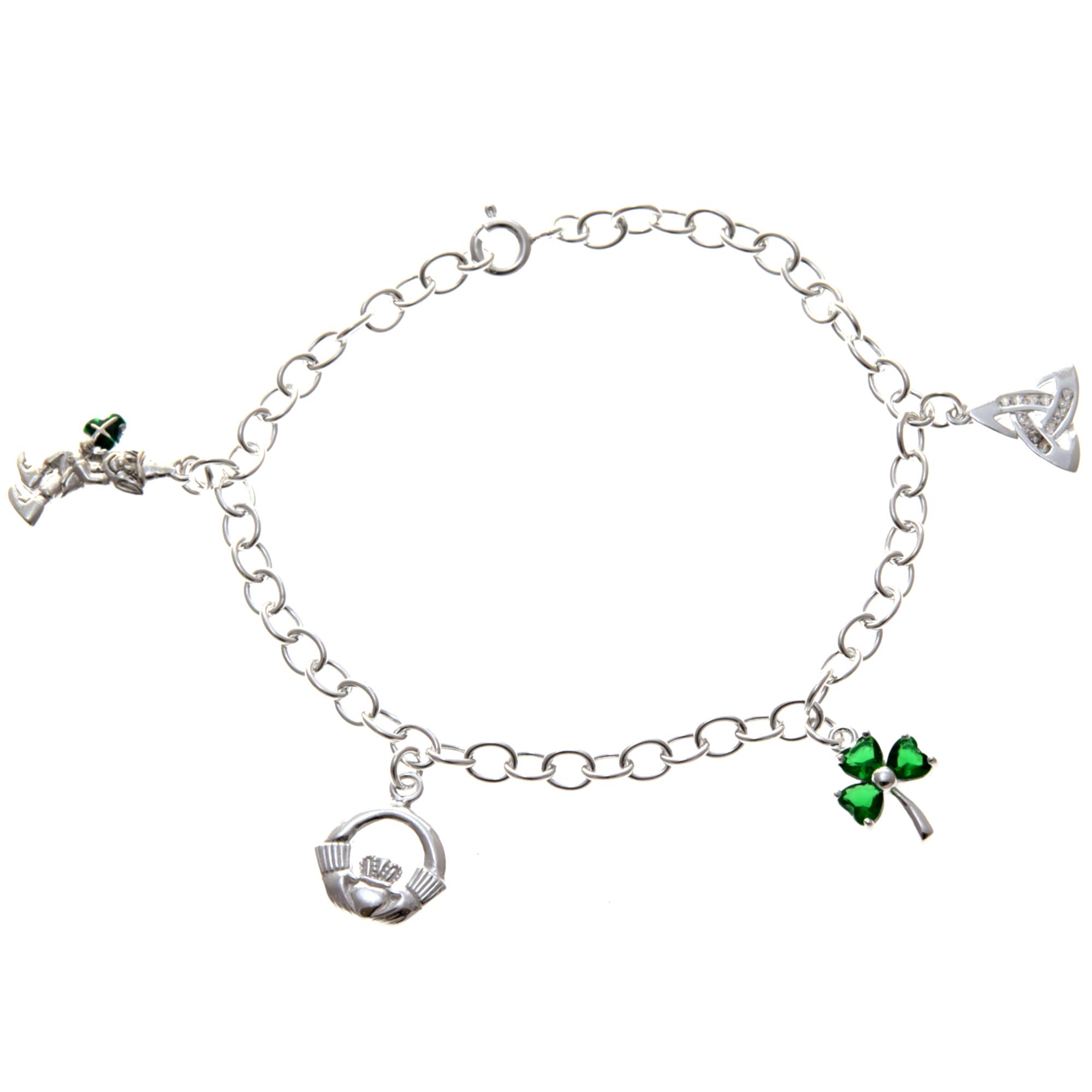Alexander Castle 925 Sterling Silver Celtic Irish Charm Bracelet Leprechaun Claddagh Shamrock Trinity Knot - 7.5" St Patricks Day Bracelet with Jewellery Presentation Gift Box