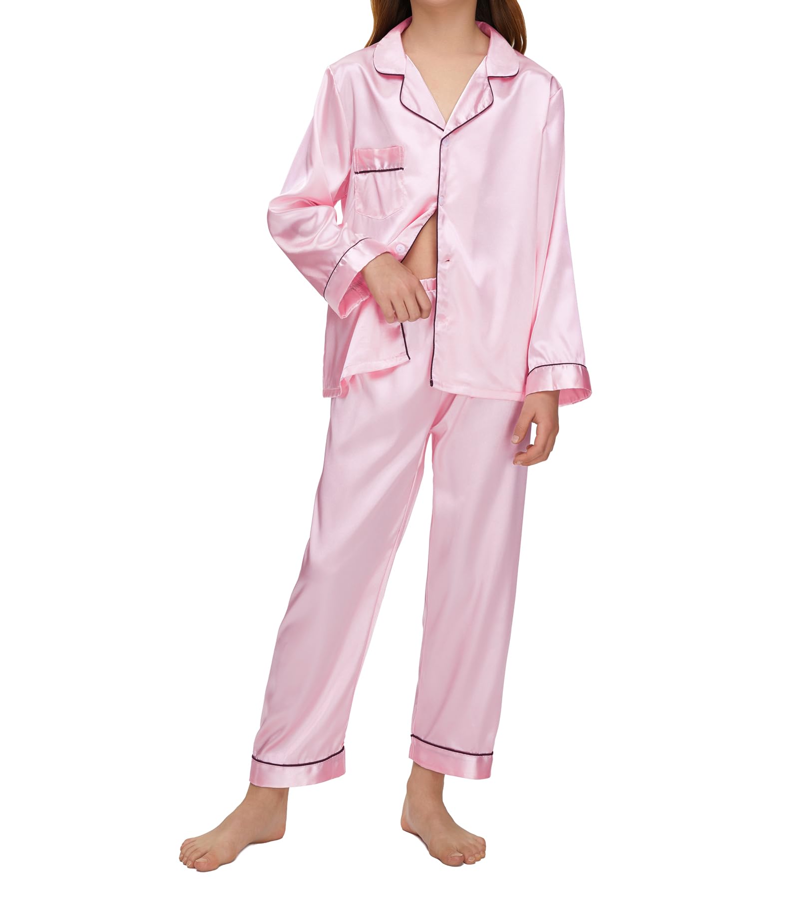 EPLAZA Kids Satin Pajamas Sets Girls Boys Button-Down Silky Pajamas Sleepwear with Hairband Eye Mask Hair Tie