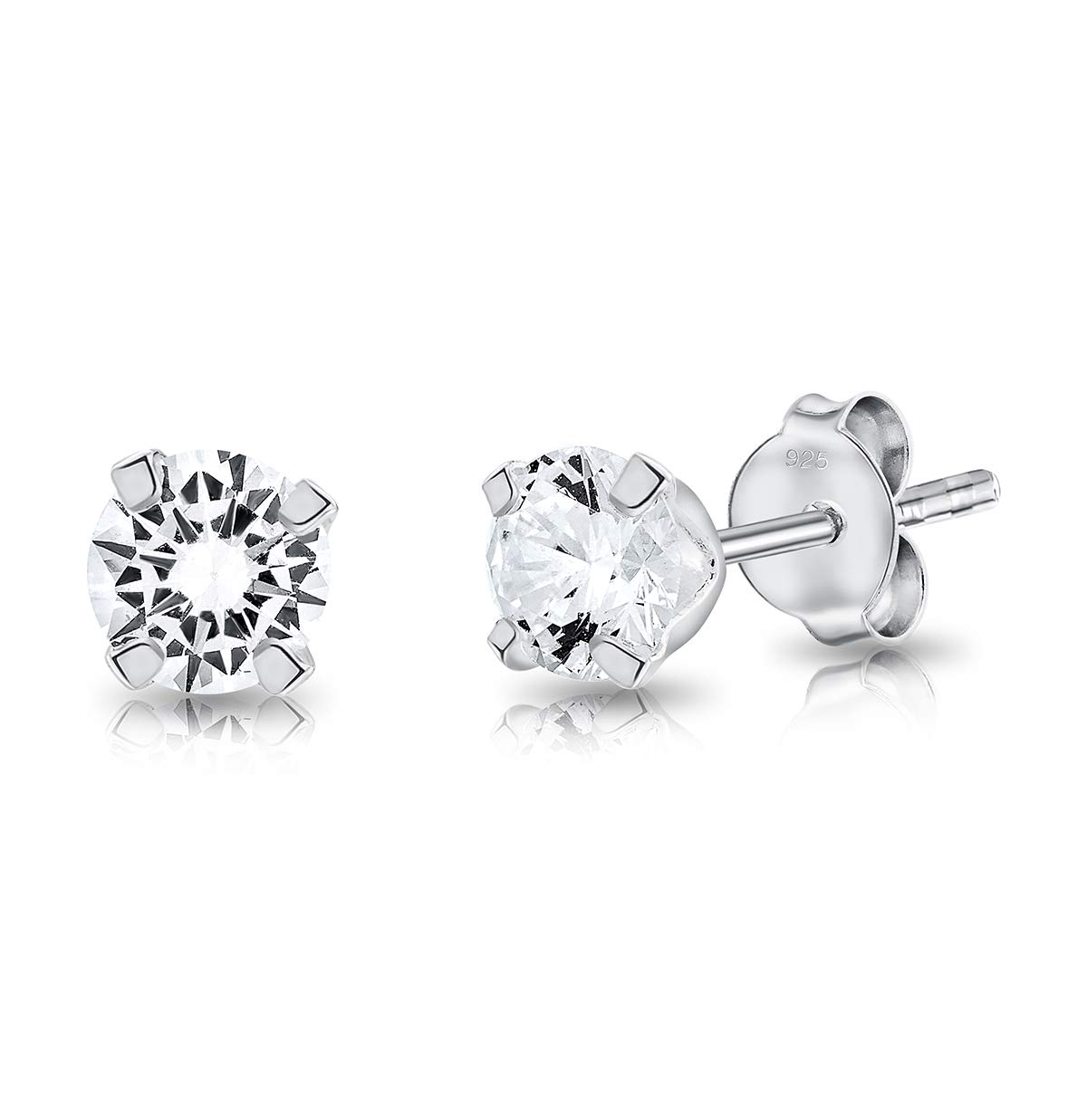 925 Sterling Silver Stud Earrings with Cubic Zirconia CZ - Hypoallergenic Earrings for Women and Men - Butterfly Back Studs - Diameter 5 mm