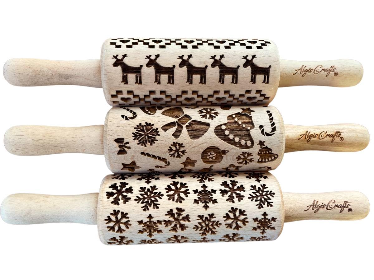 Christmas 3 Kid Rolling Pin Set- Christmas Tree, Snowflake, Winter, Star, Snowman, Gingerbread Cookies. Children Rolling Pin for Cookie Play Dough by Algis Crafts
