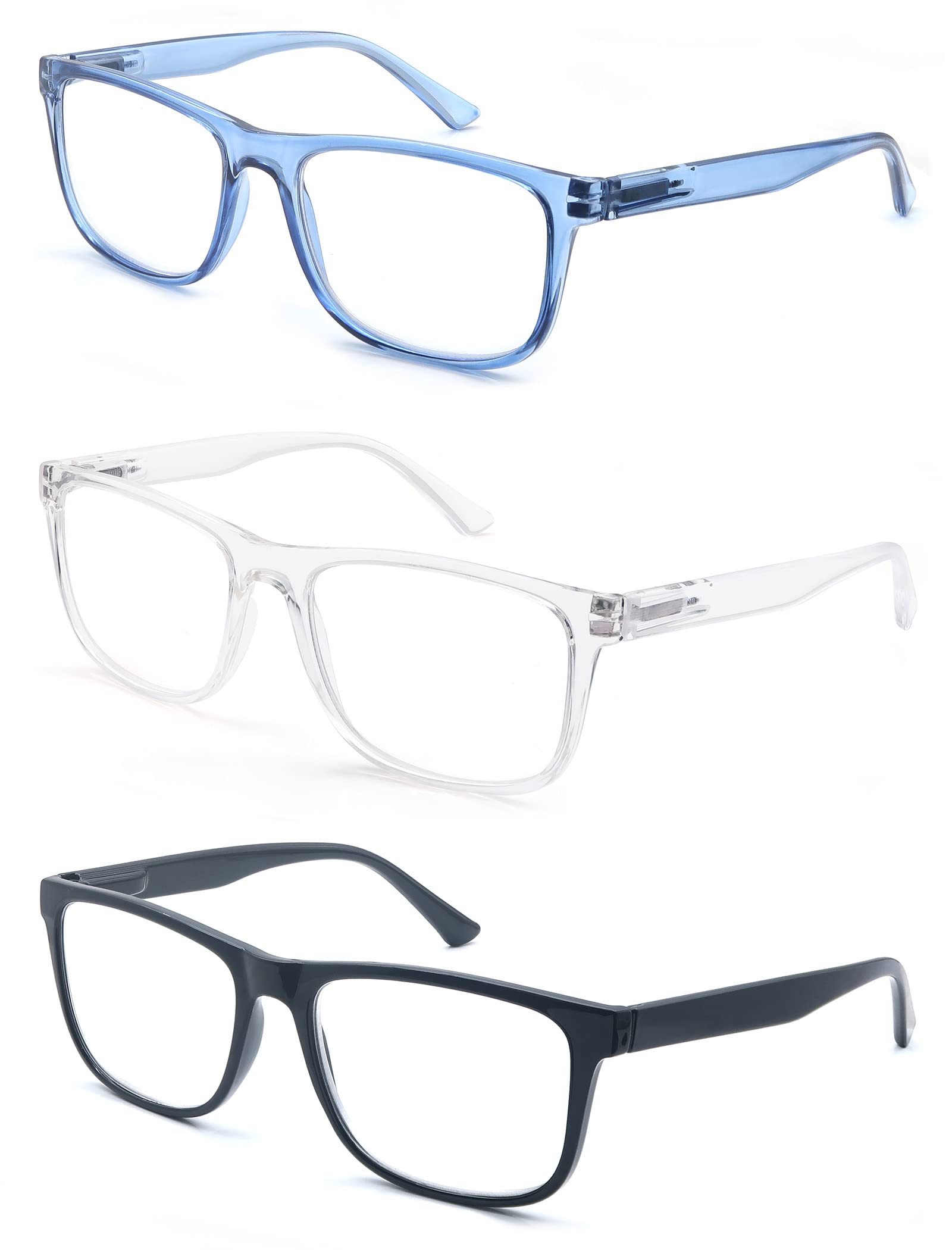 MODFANS 3-Pack Reading Glasses for Men Women,Readers Glasses Lightweight Comfort Spring Hinge,Large Square Eyeglasses with Pouch,Color Black-Blue-Transparent