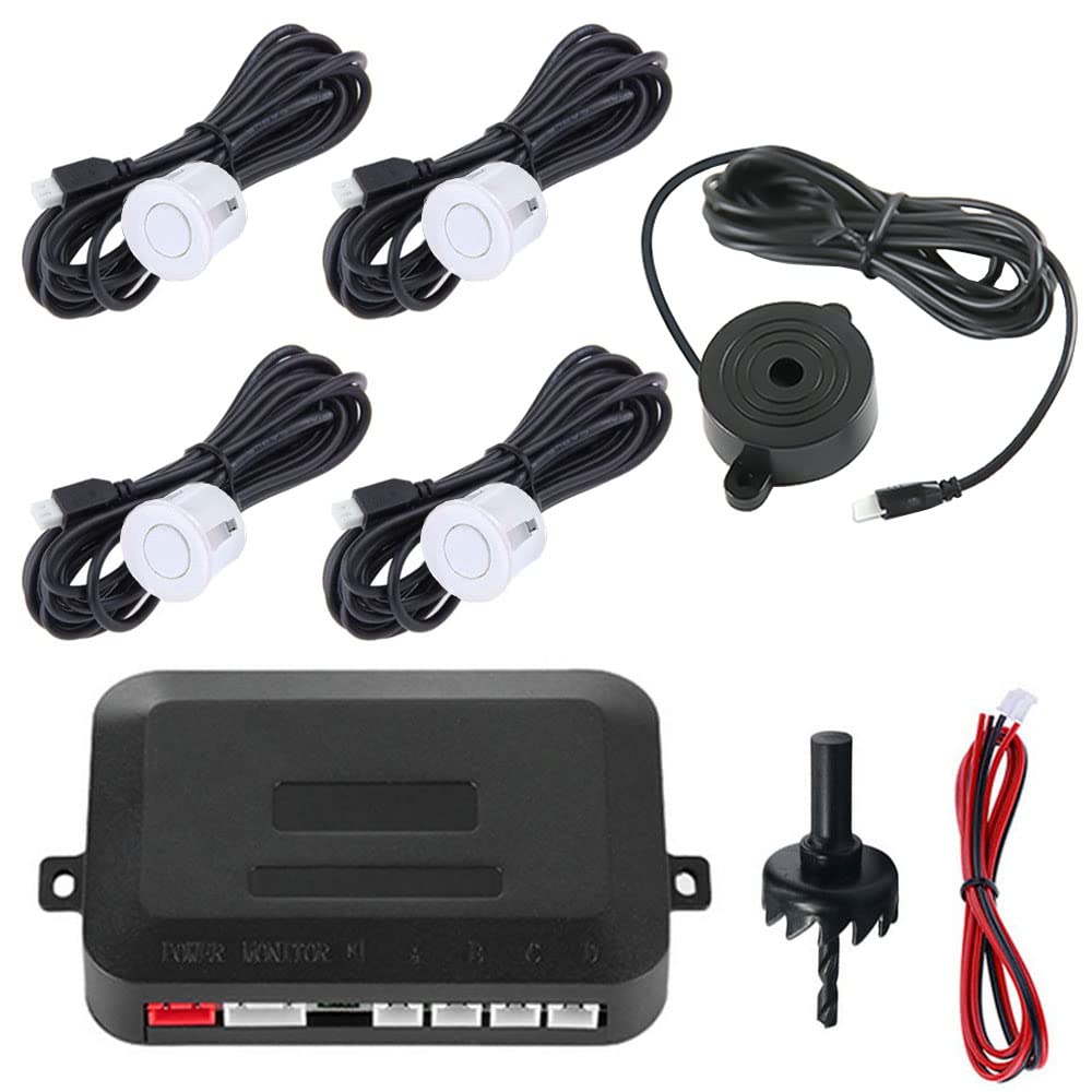 MOCNT Car Reverse Parking Sensors Car Rear Reverse Parking Radar System Car Parking Sensor Kit 4 Rear Sensor Auto Sound Alarm Alert Reverse Backup Radar White
