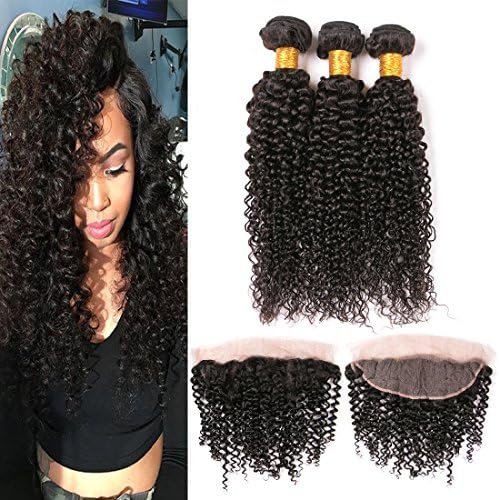 Kinky Curly Frontal with Bundles 3 Bundles 12 14 16 + 10Inch 13x4 Closure Pre Plucked with Baby Hair Swiss Lace Grade 9A Brazilian Human Hair Weave Natrual Color