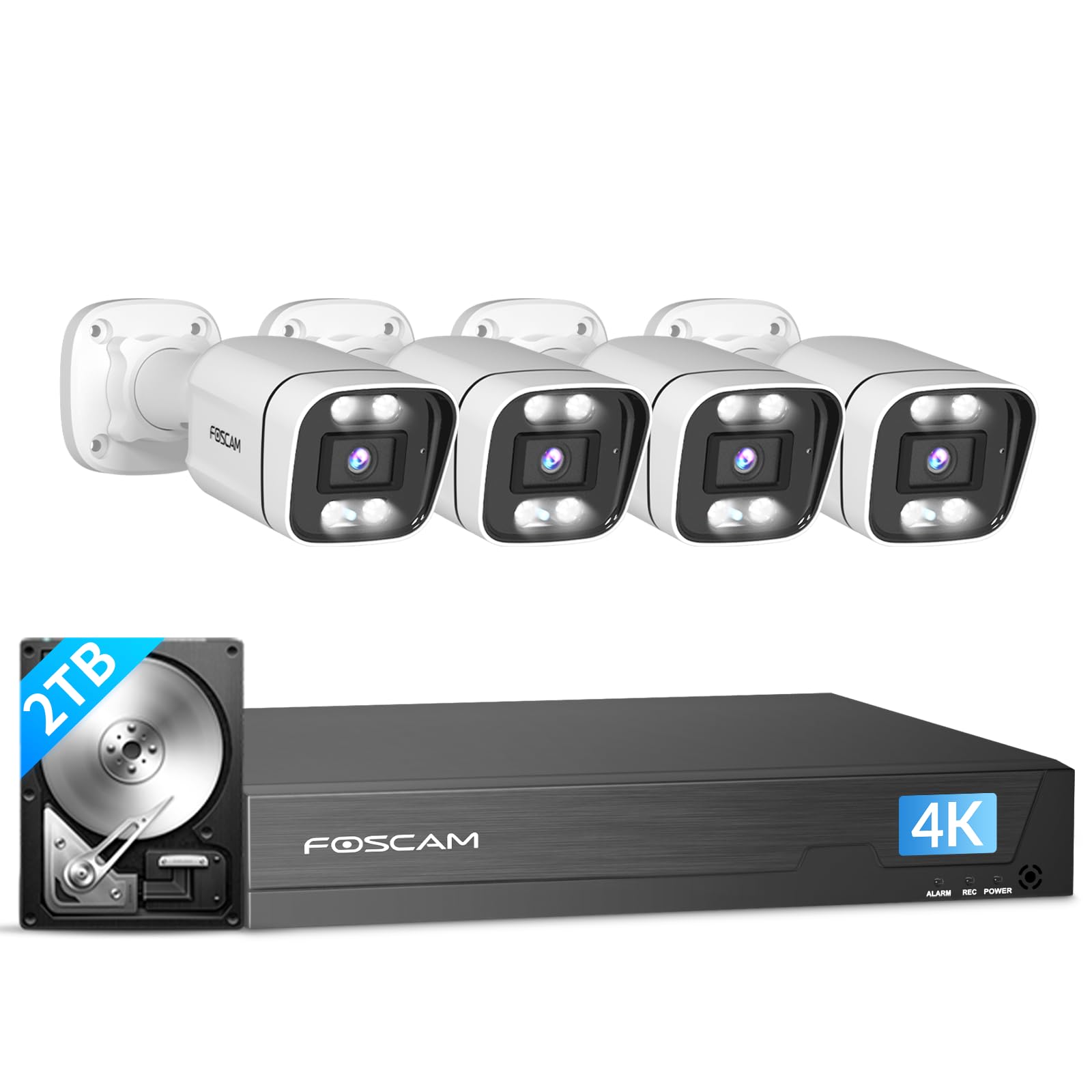 Photo 1 of FOSCAM 4K 8MP NVR PoE Security Camera System 8 Channel NVR 4pcs Wired Outdoors IP PoE 8MP Security Cameras, 2TB HDD, Color Night Vision, 2-Way Audio, AI Human Vehicle Detection, IP66 Waterproof