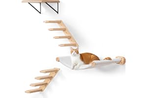 Cat Wall Shelves with 1 Floating Fabric Hammock, 2 Ladders with 4 Steps Each & 1 Flat Cat Shelf, Wall Mounted Bed Furniture &