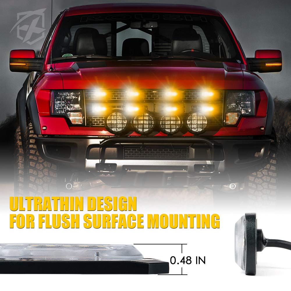 Xprite LED Surface Mount Strobe Lights Kit, White Amber Grill Grille Emergency Warning Flashing Marker Light Warning Light Assemblies for Trucks Vehicles ATV RV Cars Van - 8PCS