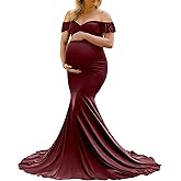Saslax Off Shoulder Ruffle Sleeves Elegant Fitted Maxi Maternity Dress for Photoshoot Baby Shower