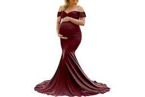 Saslax Off Shoulder Ruffle Sleeves Elegant Fitted Maxi Maternity Dress for Photoshoot Baby Shower