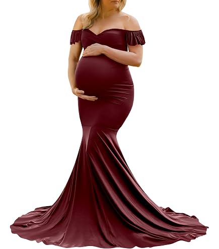 burgundy off the shoulder maternity dress AYMENII Shoulders Drop Sleeve Gown for Photography Sweetheart Fitted Mermaid Baby Shower Photo Shoot S at Amazon Women's Clothing store Color:Evergreen Combo pattern_Criss Cross breathable fabric Dolce & Gabbana White