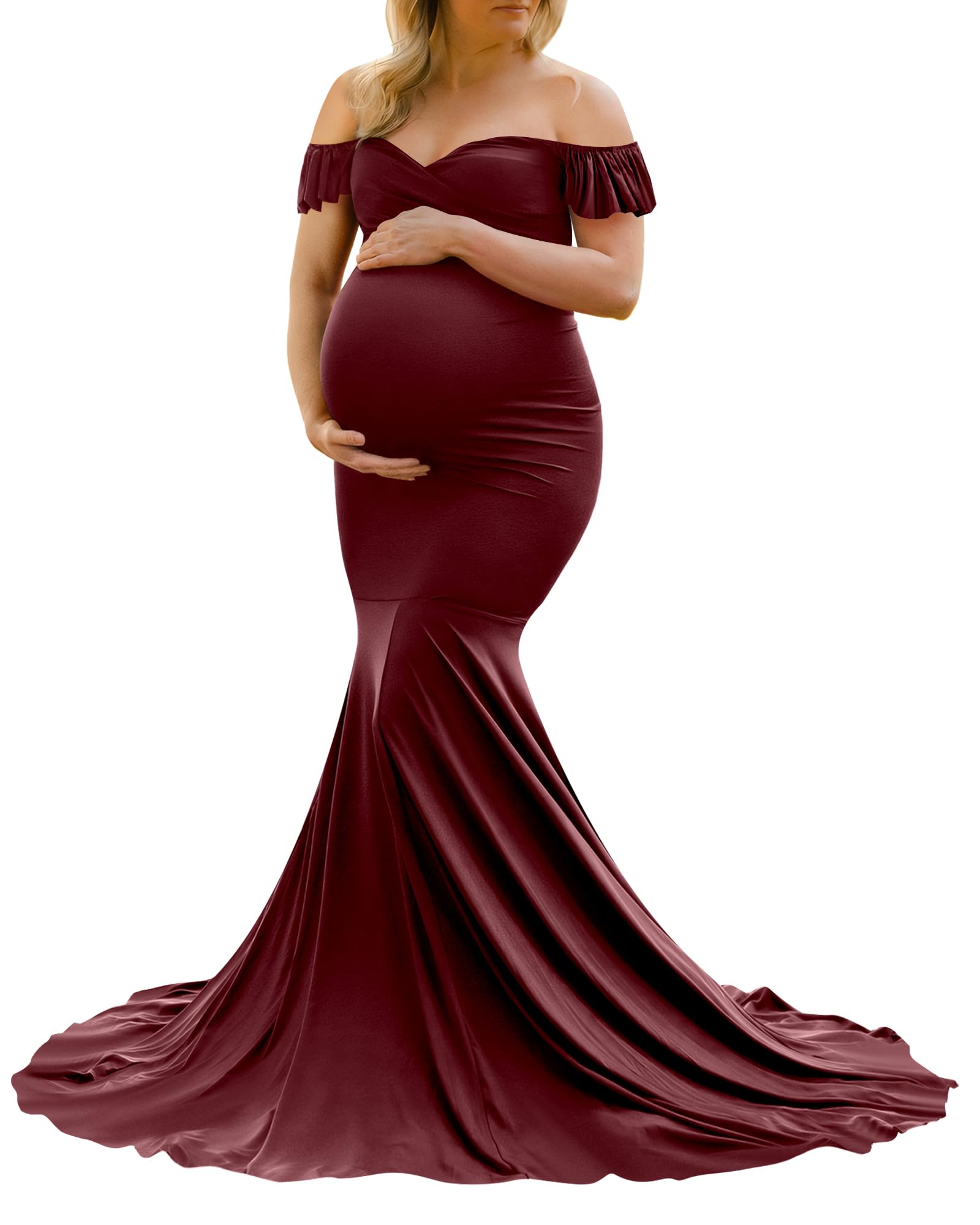 Photo 1 of Saslax Off Shoulder Ruffle Sleeves Elegant Fitted Maxi Maternity Dress for Photoshoot Baby Shower Burgundy 12 Medium