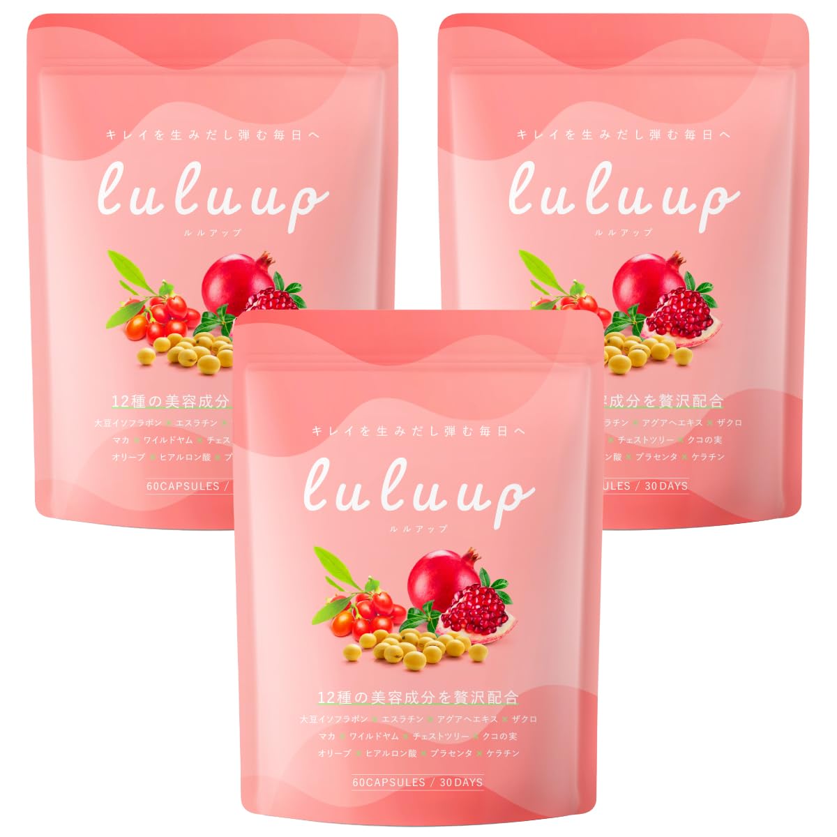 luluup 大豆イソフラボン エスラチン チェストツリー プラセンタ ヒアルロン酸 アグアへエキス ワイルドヤム マカ キレイをサポートする１２種類の美容成分 30日分 (3袋) の商品画像