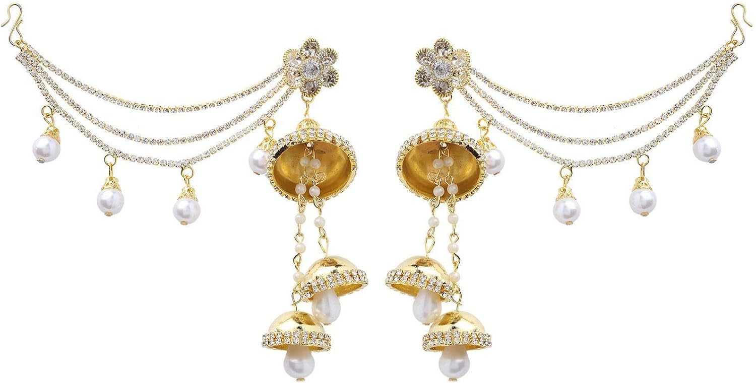 Efulgenz Crystal Rhinestone Pearl Indian Wedding Bridal Tassel Jhumka Earrings Set With Support Chain Hair Accessory Jewellery Amazon Co Uk Jewellery