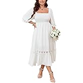 SCOMCHIC Women's Plus Size Maxi Dress Short Sleeve Square Neck Smocked Flowy A-Line Lace Trim Boho Wedding Guest Dresses