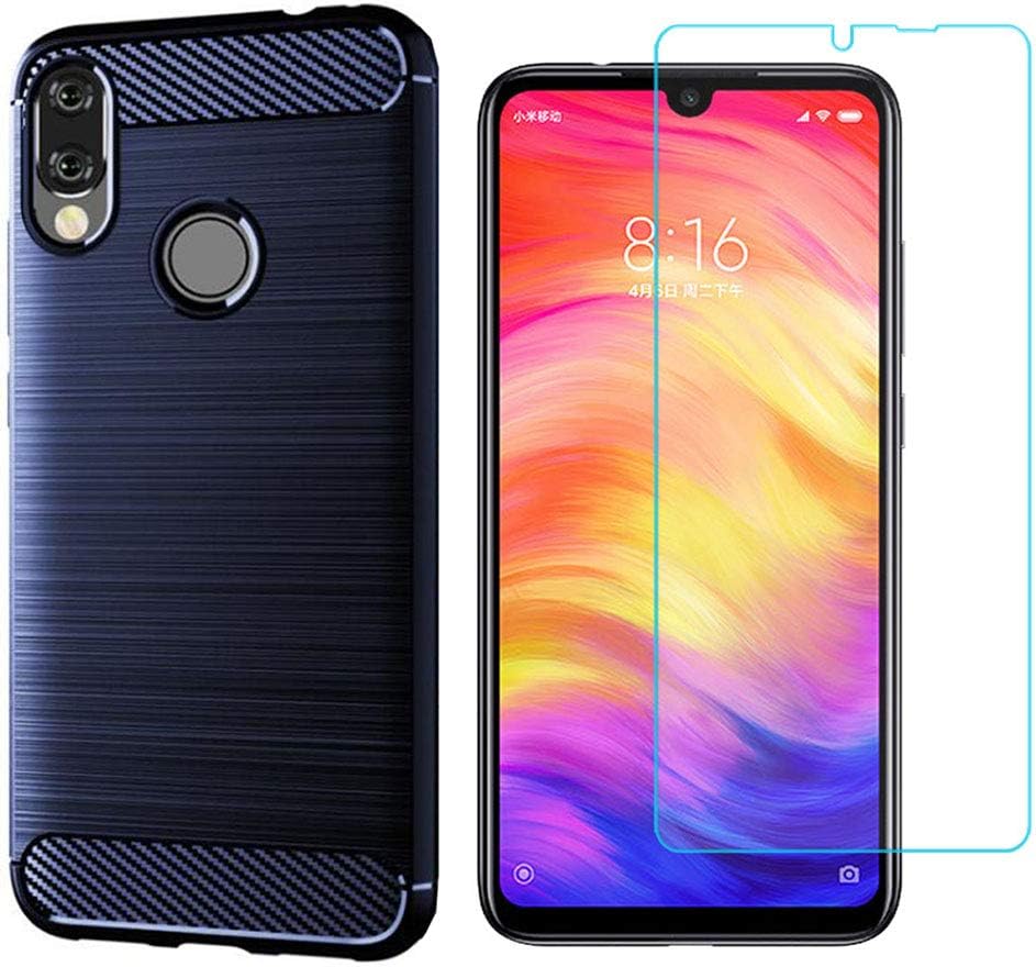 Xiaomi Redmi Note 7/7 Pro case,with Tempered Glass Screen Protector. (2 in 1)[Scratch Resistant Anti-Fall] Fashion Soft TPU Shockproof Case (Navy)