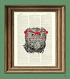 Owl Smarty Pants nerdy young owl with red glasses illustration beautifully upcycled dictionary page book art print