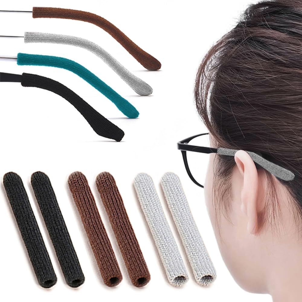 Photo 1 of 3 Pairs Eye Glasses Ear Grippers, Soft Knitting Cotton Arm Cushion for Glasses Behind Ear, Anti Slip Eye Glass Ear Grips, Non Slip Ear Pads for Glasses, Eyeglasses Temple Tips for Pain (BLK&BRN&Gry)