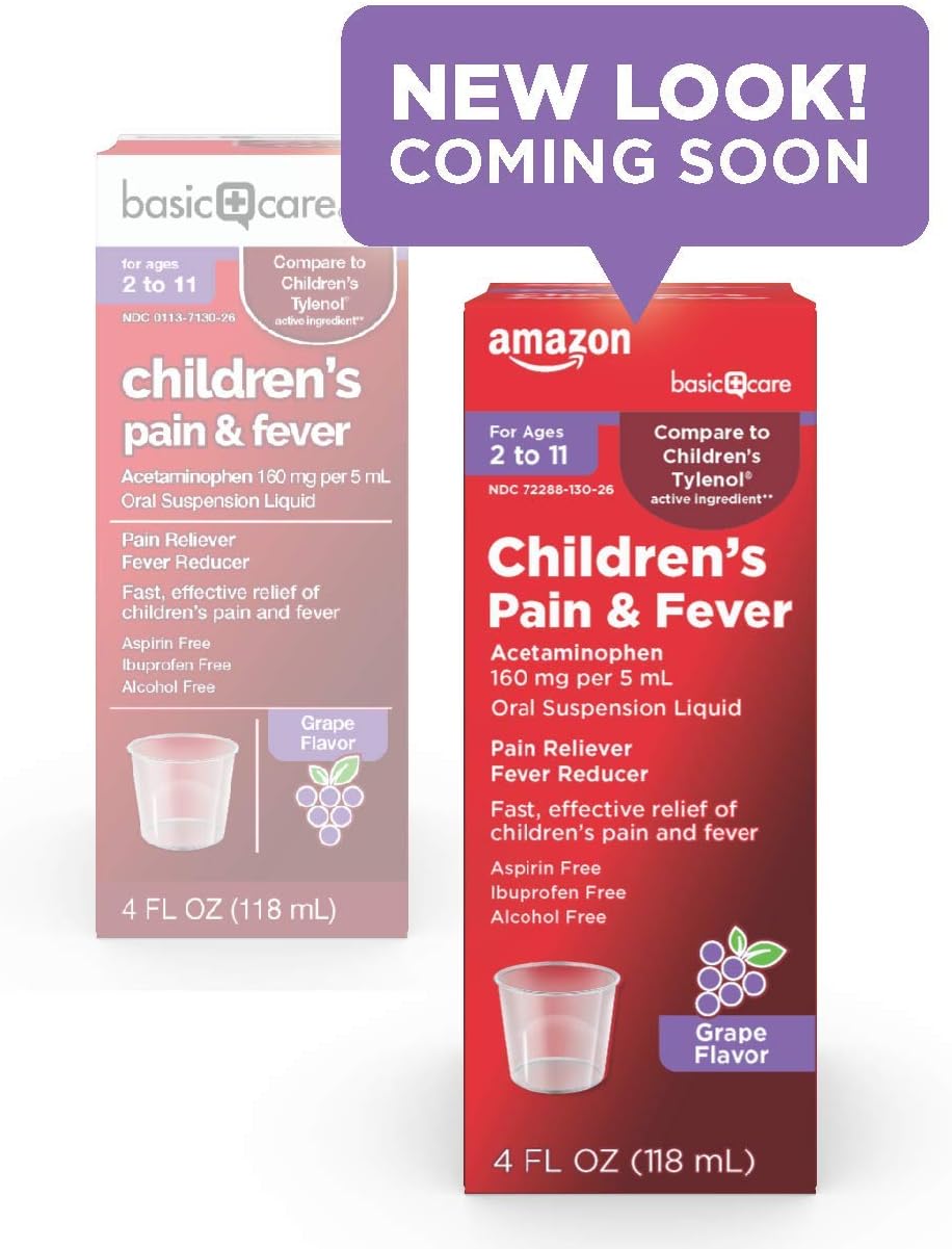  Basic Care Children's Pain & Fever Oral Suspension Acetaminophen 160 mg per 5 mL, Grape Flavor, Fast, Effective Pain Reliever and Fever Reducer for Children, 4 Fl Oz: Health & Personal Care