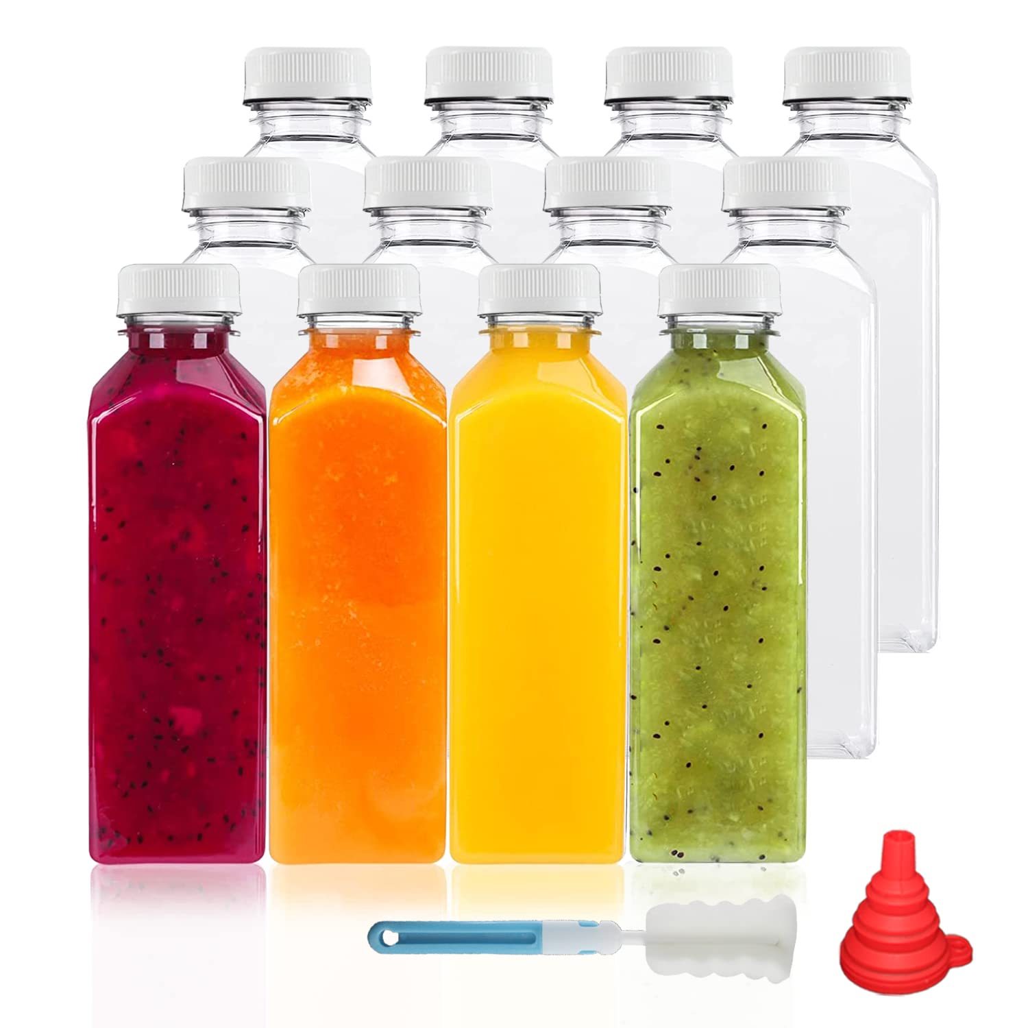 YBCPACK 12 Pack 500 ml Clear Plastic Juice Bottles with White Lids for Mini Fridge, 16 oz Empty Reusable Drink Containers for Smoothie, Milk, Juicing, and Other Drinkings.