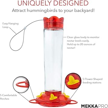 Amazon Com Mekkapro Outdoor Hummingbird Feeder Made From Glass Hanging 5 Nectar Feeding Stations Bright Red Backyard Feeder 20 Ounce Garden Outdoor