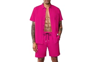 LecGee Men Summer Casual Short Sets Solid Short Sleeve Pocket Button Down Shirt Elastic Shorts 2 Piece Outfits Tracksuit