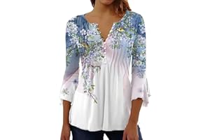 DOUBLELIFT Womens Tops 3/4 Length Sleeves Tunic Vintage Graphic Tees Boho Blouses for Women Casual Floral Print Womens Shirts