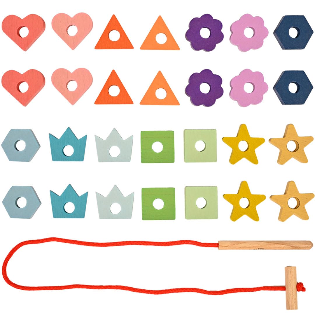 tickit Rainbow Wooden Lacing Shapes – Beechwood Threading Toy for Early Years, Enhances Fine Motor Skills and Creativity, 28-Piece Set in Seven Colours with Lace and Threader