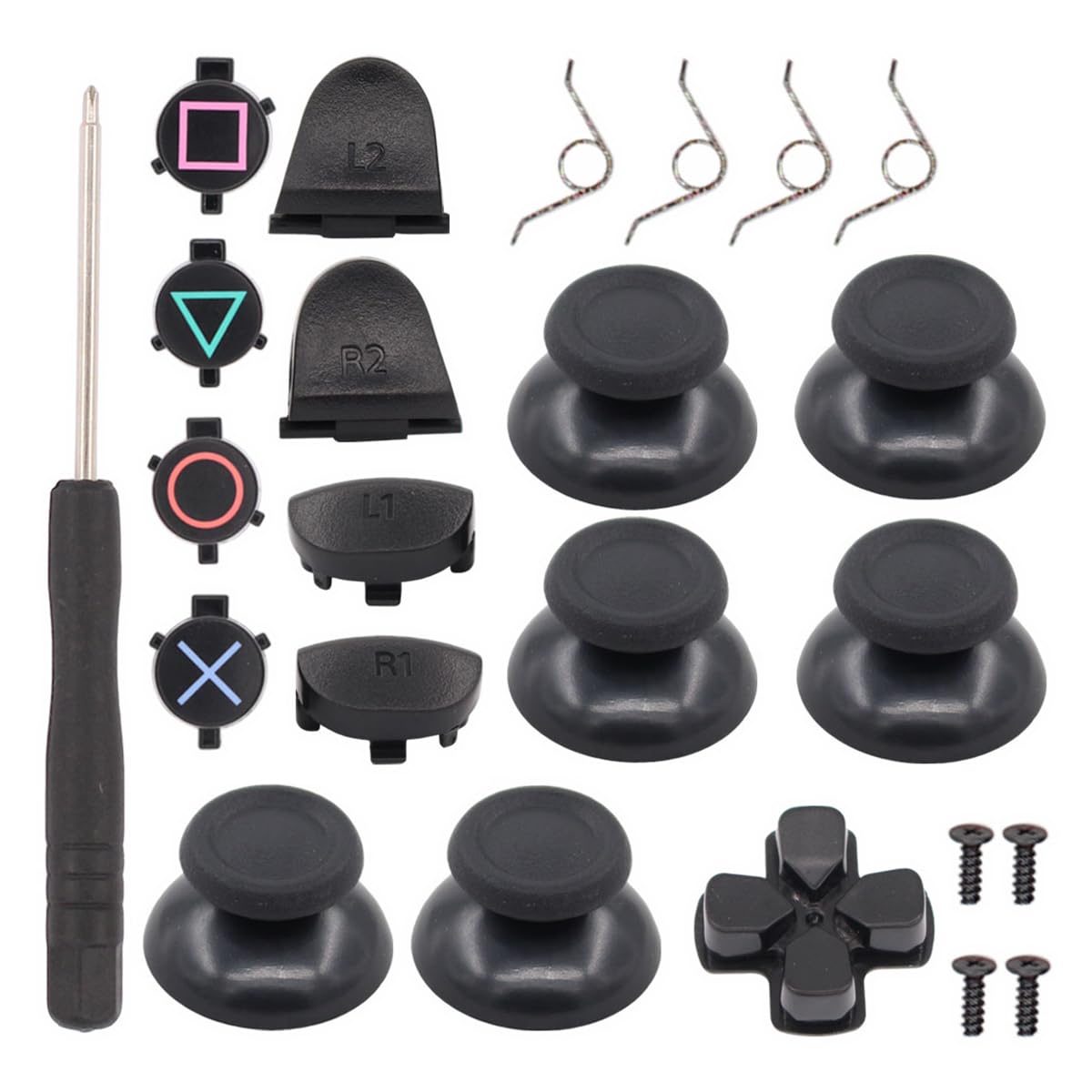 Photo 1 of ApplianPar 6Pcs Thumbsticks Joystick with ABXY Buttons and D-pad Small Spring and L1 R1 L2 R2 Trigger Button and Cross Screwdriver for PlayStation 4 PS4 Controller Gamepad