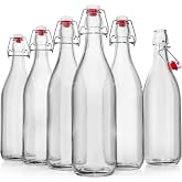 Swing Top Glass Bottles [1 Liter / 33 fl. oz.] [Pack of 6] &ndash; Flip Top Coquito Bottles for Kombucha, Fermentation, Beer, Kefir, Wine &ndash; Airtight Stopper Lids with Extra Gaskets, Funnel, Labels &amp; More