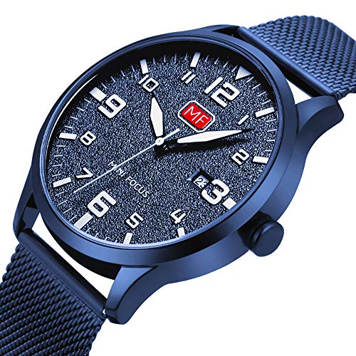 Men's Analog Quartz Watch with Numbers Date Waterproof Blue Stainless Steel Mesh Band Fashion Casual Dress Wrist Watches for Men