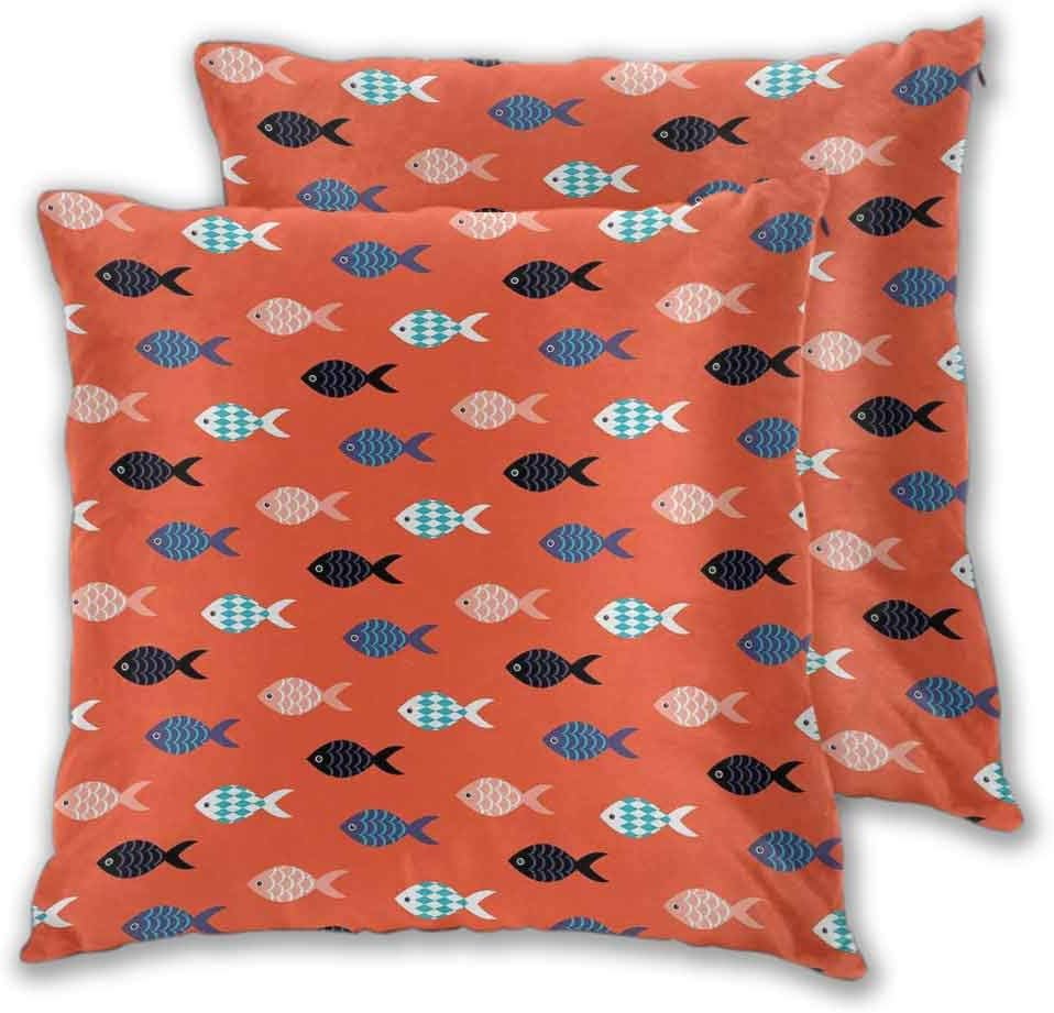 Coral Pillowcase Sofa Hug Fishes Motif Nautical Marine Sea Underwater Creature Animal Aquarium Ornate Forms Easy to Care (2 PCS, 20x20 Inch) Multicolor