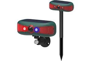 HULPPRE Solar Outdoor Motion Sensor Alarm-13 Sounds Including Dog Barking&Gunshot,2x130db Loud Noise Maker,4 Modes,Red&Blue Motion Activated Strobe Light,Say Goodbye to The Intruders