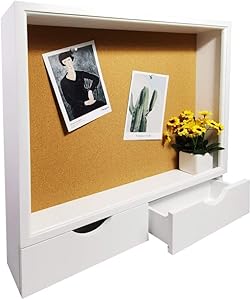 Cork Board Bulletin Board with Storage and Drawers - White Frame Cork Board - Home Bulletin Cork Board - Cork Boards for Wall - Decorative Cork Board -Home Office Cork Board Organizer with Storage