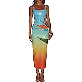Owl's-Yard Women Sexy Maxi Dress Y2K Spaghetti Strap Floral Print Low Cut Backless Slim Fit Sequins Long Cocktail Dress