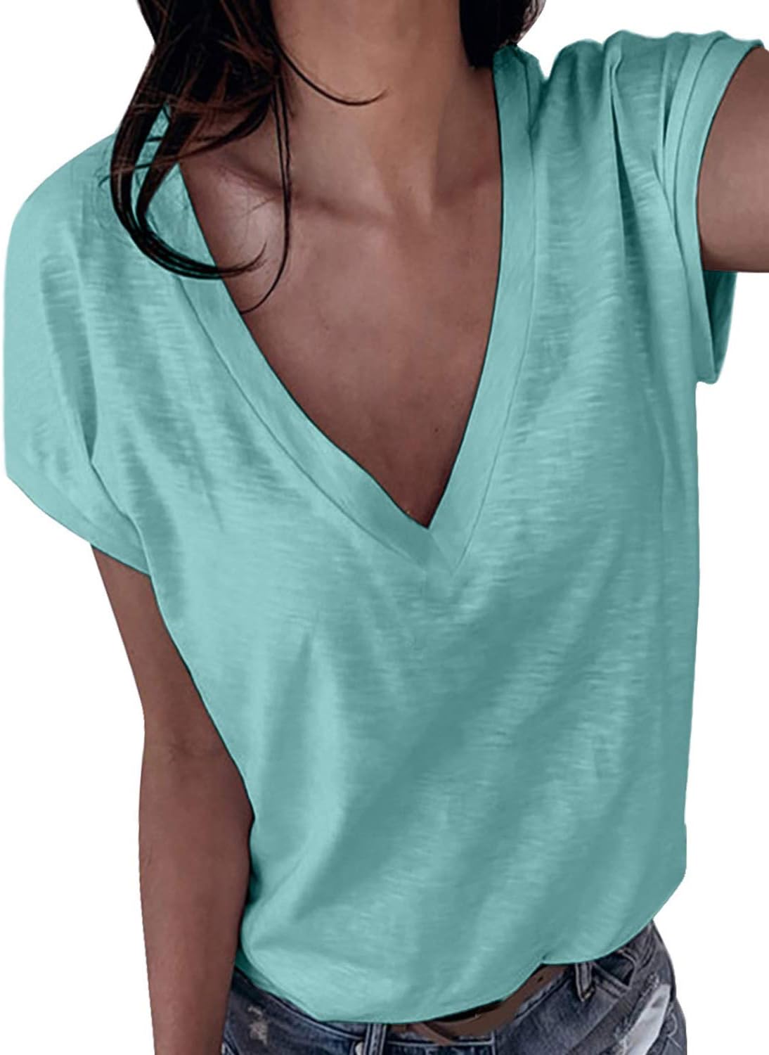 VICHYIE Women V Neck Shirts Casual Tee Short Sleeve Loose Fit Tops Blouses
