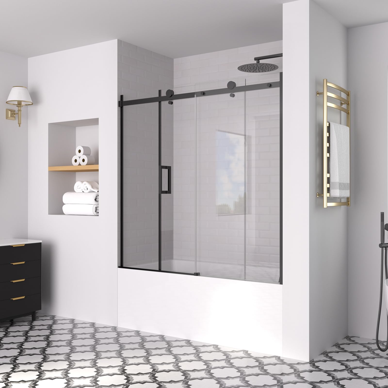 Photo 1 of ACE DECOR 56-60" W x 58" H Frameless Bathtub Sliding Doors, Glass Shower Door for Tub with 5/16" (8mm) Clear SGCC Tempered Glass, Matte Black Finish Shower Doors, Reversible Installation