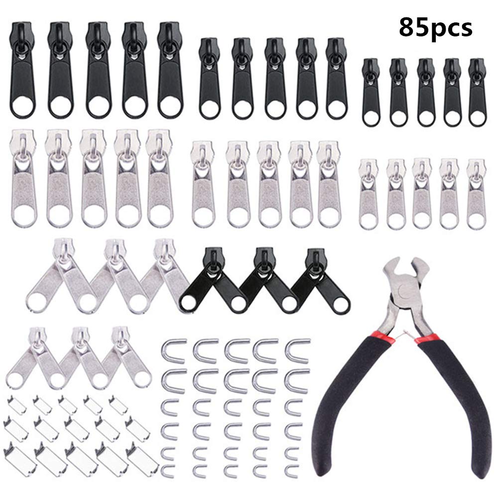Zipper Repair Kit,Replacement Zip 85 Pieces Universal Zip Accessories with Pliers Tool for Bags Jackets Jeans Tents Luggage and Sleeping Bag