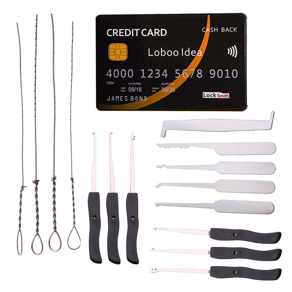 Loboo Idea 15-Piece Lock Pick Tools - Credit Card Style Lock Pick Set & Broken Key Extractor Kit for Locksmiths & Beginners