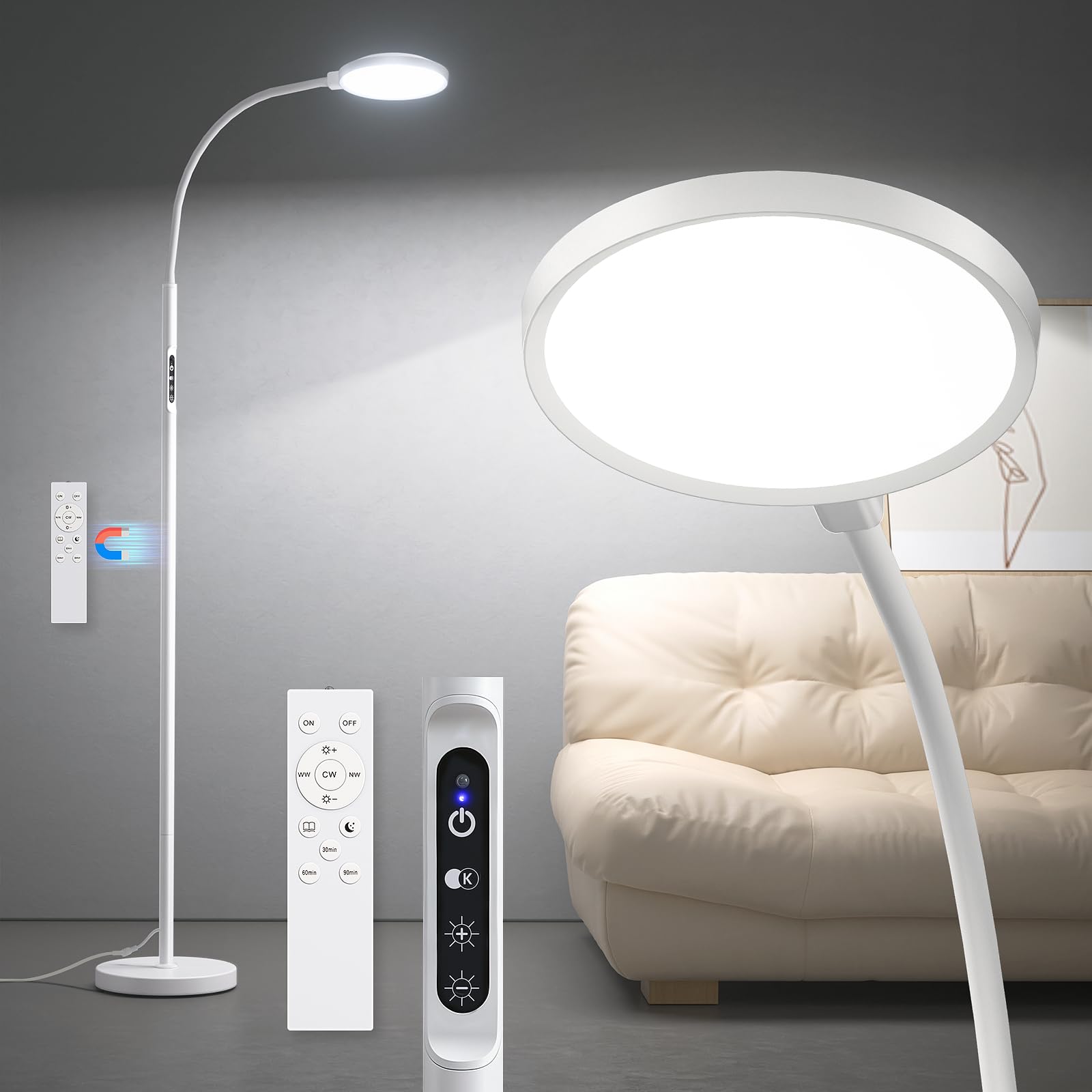 Photo 1 of 10000 Lux Light Therapy Lamp, Sunlight Therapy Lamps with 3 Color Temperatures &Dimmable &Timer, Full Spectrum &UV-Free Happy Lamp Light Therapy with Remote, Daylight Lamps for Home(White, Floor Lamp)