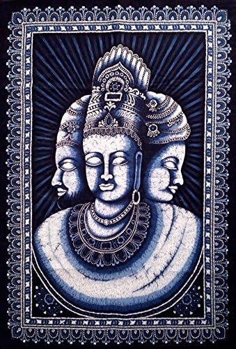 Lord Brahma Vishnu & Shiva Indian Trinity batik wall hanging tapestry 41" X 31" blue