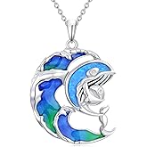 Blue Opal Whale Necklace 925 Sterling Silver Mother Whale Pendant Necklace with Diamond Sea Animal Themed Jewelry Gift for Women