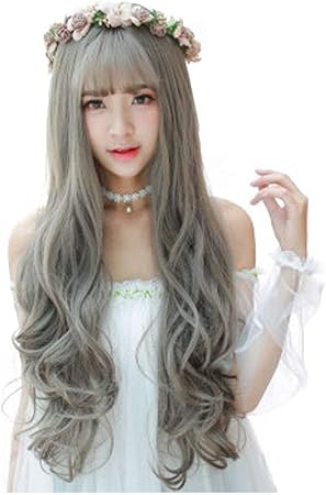 Amazon Co Jp Meiyufuzhuang A グレーウィッグエア前髪ロングカーリーヘアシルバーグレー女性ビッグウェーブウィッグマットの高温度シルクウィッグ女性の長い髪を吸います ウィッグ ヘアケア 美容 アクセサリー 顔の修理 柔らかく快適 ファッショナブルでかわいい