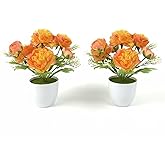 NoriStyle 2 Packs Small Fake Potted Flowers Artificial, Orange Artificial Ranunculus Flowers for Home Indoor Wedding Office Dinning Living Room Bathroom Coffee Table Winter Spring Decor