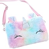 Women Girls Kids Fluffy Fuzzy Unicorn Bag Plush Tie Dye Rainbow Crossbody Purse